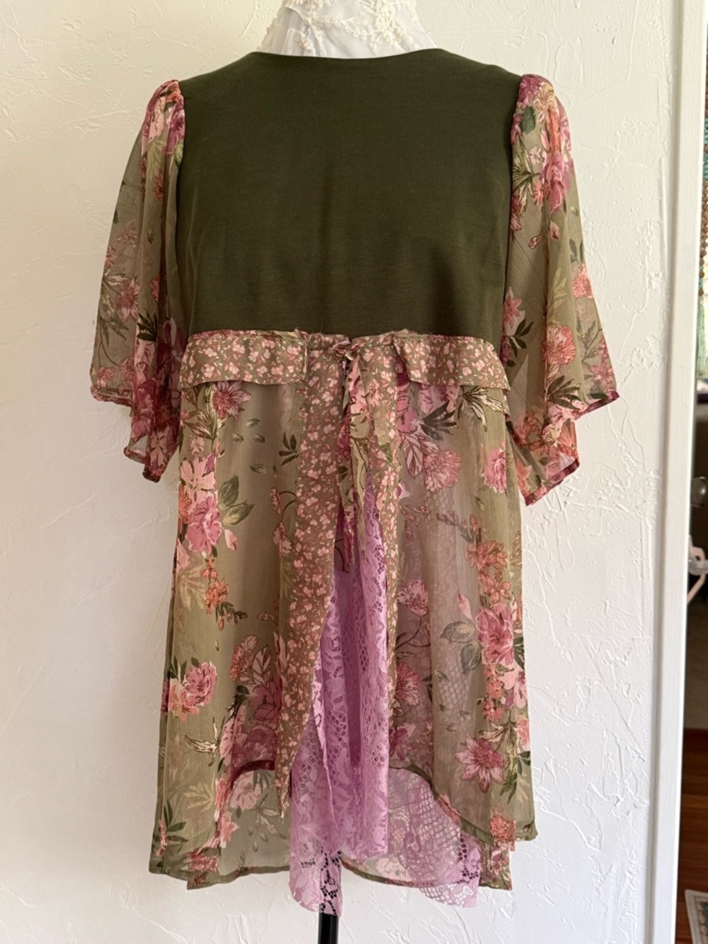 Olive Green Mixed Media Floral Panel Tunic Medium
